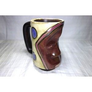 Signed Mara Stoneware Pottery Tribal Face Mug 6" Tall Made in Mexico